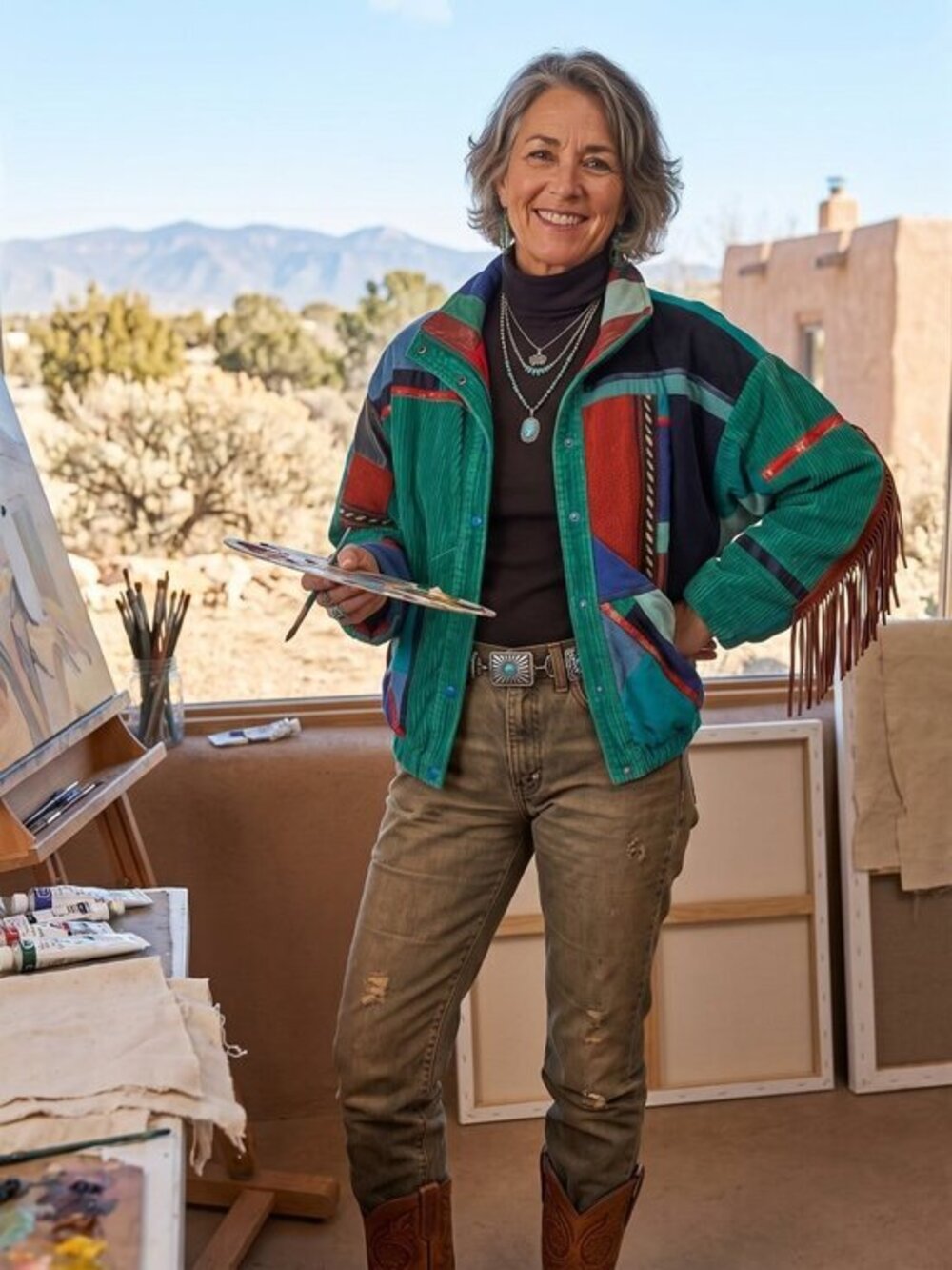 Vintage Santa Fe recreations boho Colorful Patchwork Jacket with leather Fringe